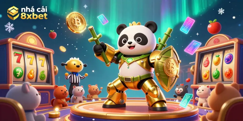 Join the excitement at nhà cái 8xbet, where golden panda robots battle amidst vibrant casino elements in a stunning 3D scene.