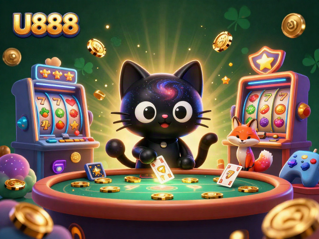 U888 black hole cat charm casino table with slot machines and vibrant game elements.