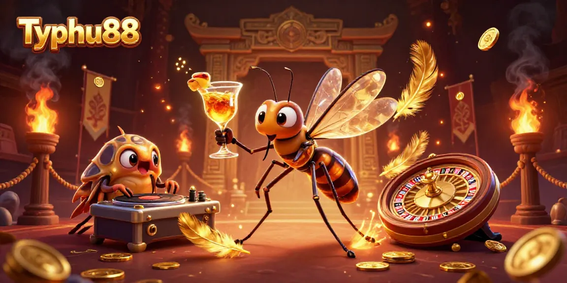 Experience Typhu88's vibrant casino adventure with a lively 3D scene packed with excitement.