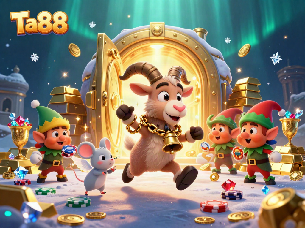 Experience thrilling gameplay at Ta88 with vibrant casino characters amid gleaming treasures and festive chaos.
