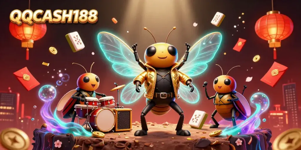 Experience QQCASH188 with a vibrant casino scene featuring a cicada rock star and dynamic game elements.