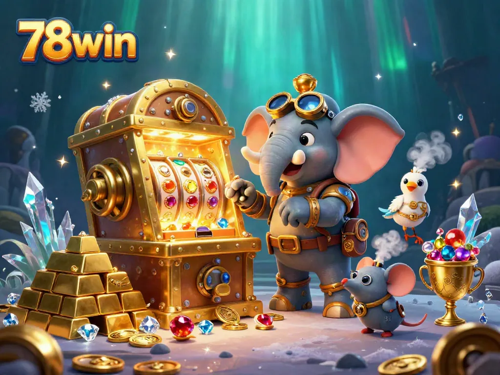 Experience thrilling wins with 78win's steampunk-themed slots, showcasing gold coins and treasure.