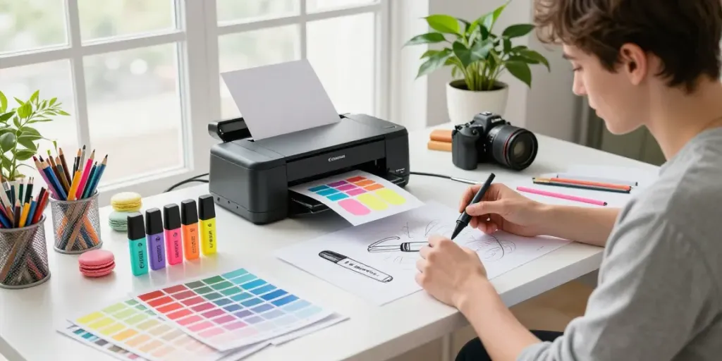 Highlighter manufacturer showcasing vibrant design process with colorful pens and sketches in creative workspace.