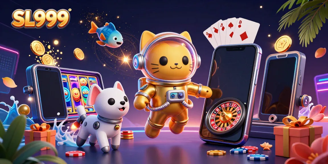Experience the excitement of SL999 with a 3D astronaut cat and casino games in a vibrant scene.