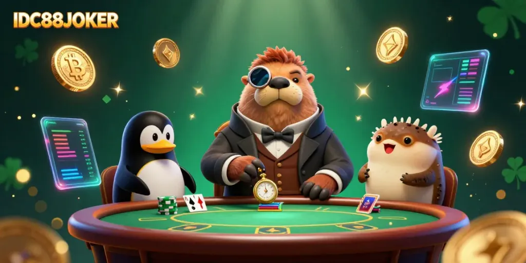 Play poker underwater with IDC88JOKER's charming walrus and penguin dealer, showcasing crypto elements in vivid style.