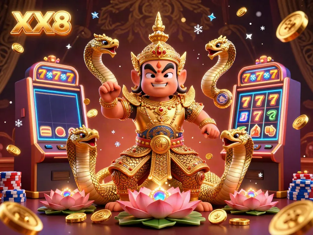 Engage with XX8's thrilling slots, surrounded by vibrant gaming elements and guardian characters.