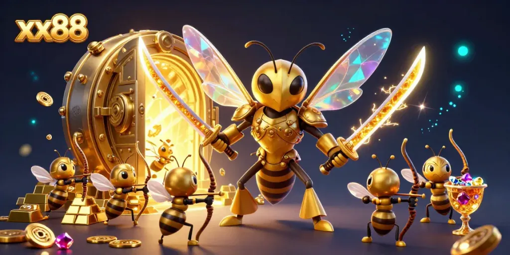 Experience xx88's vibrant casino atmosphere with a dynamic scene of a hornet samurai and bee archers.