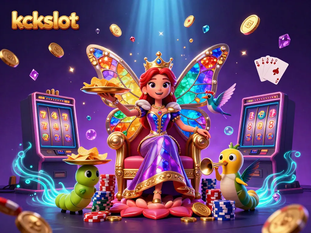 Permainan menarik kckslot dengan ratu kupu-kupu dan simbol jackpot.
