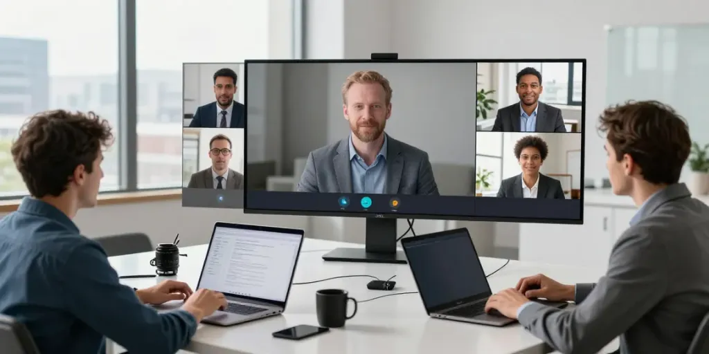 Deepfake protected Online Video Calls in a secure, high-tech conference setting.