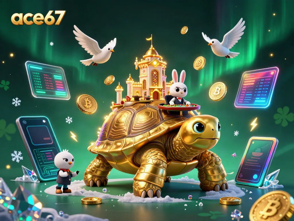Engage in thrilling games at ace67 featuring a festive casino scene with crypto elements and energetic characters.