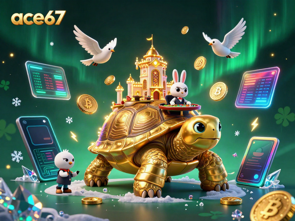 Engage in thrilling games at ace67 featuring a festive casino scene with crypto elements and energetic characters.