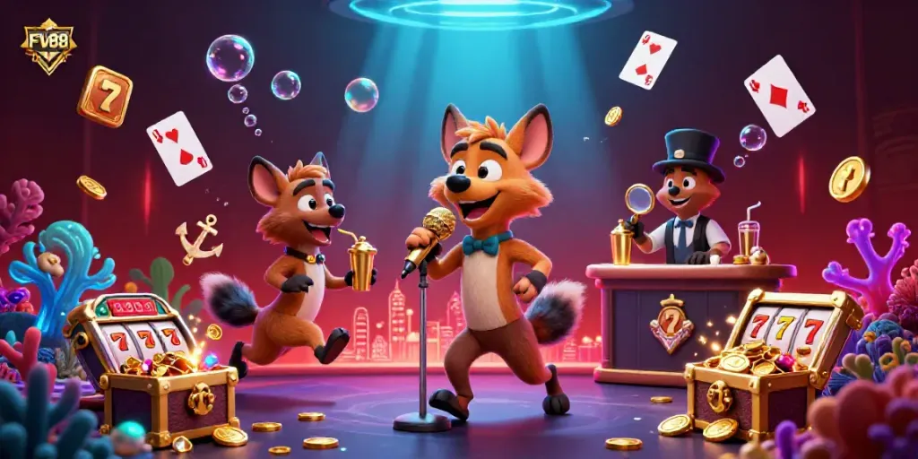 Experience the excitement at FV88's comedy casino with lively hyenas, slot reels, and treasures.