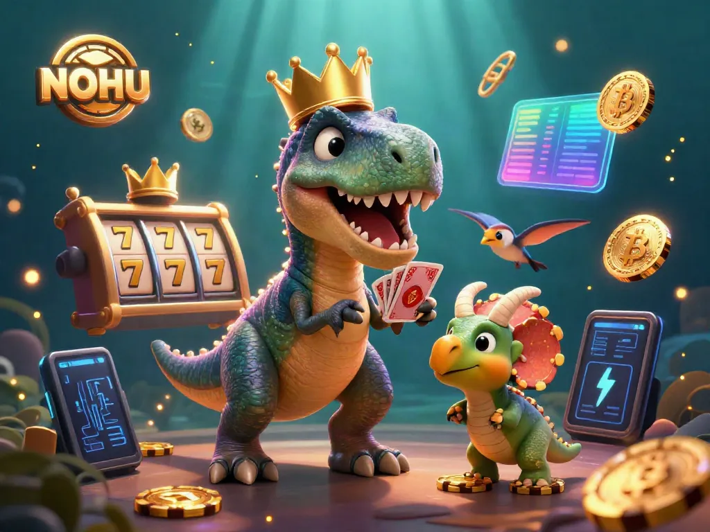 Experience the thrill of NOHU with a T-Rex dealer and fun casino elements in a vibrant setting.