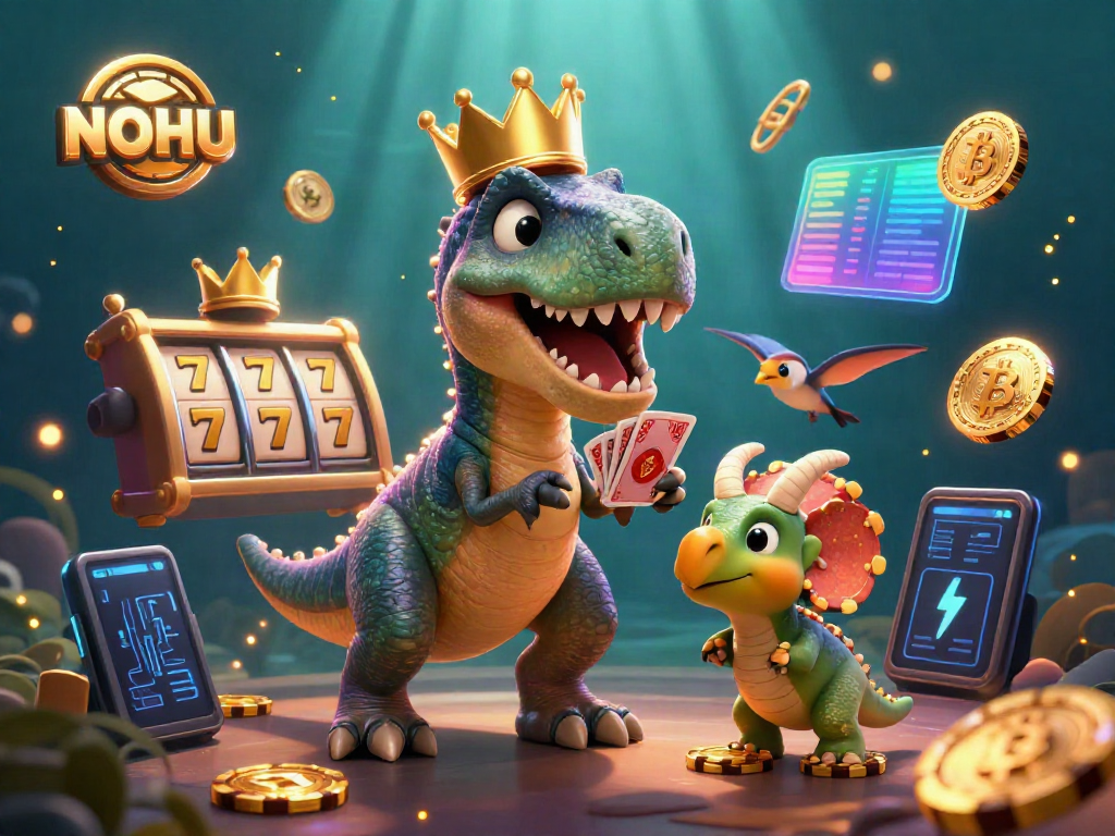 Experience the thrill of NOHU with a T-Rex dealer and fun casino elements in a vibrant setting.