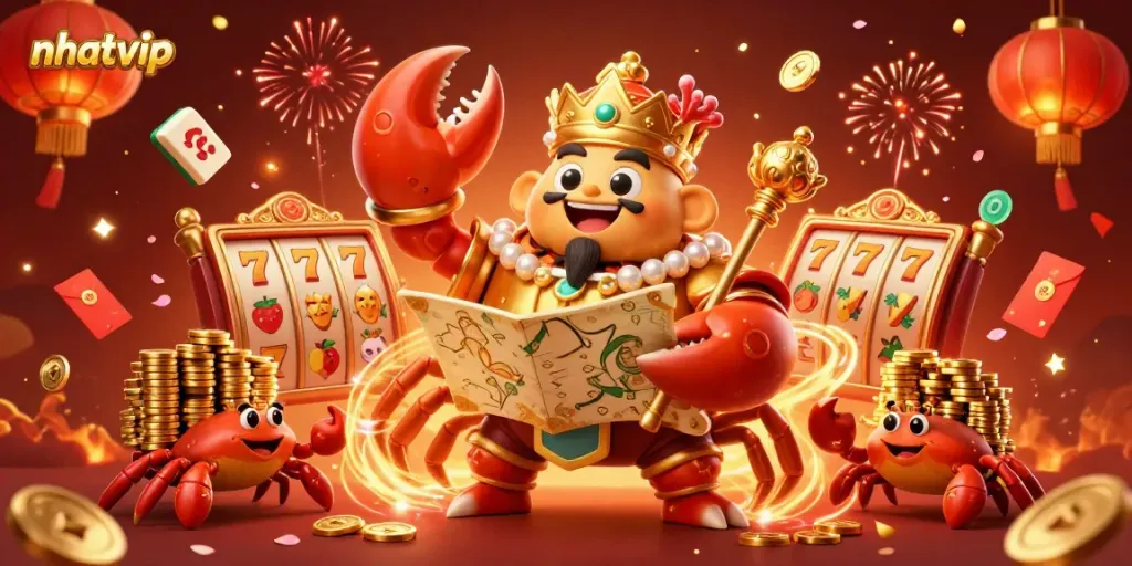 Nhatvip offers an engaging gaming experience with its vibrant online casino atmosphere, featuring golden elements and festive decorations.