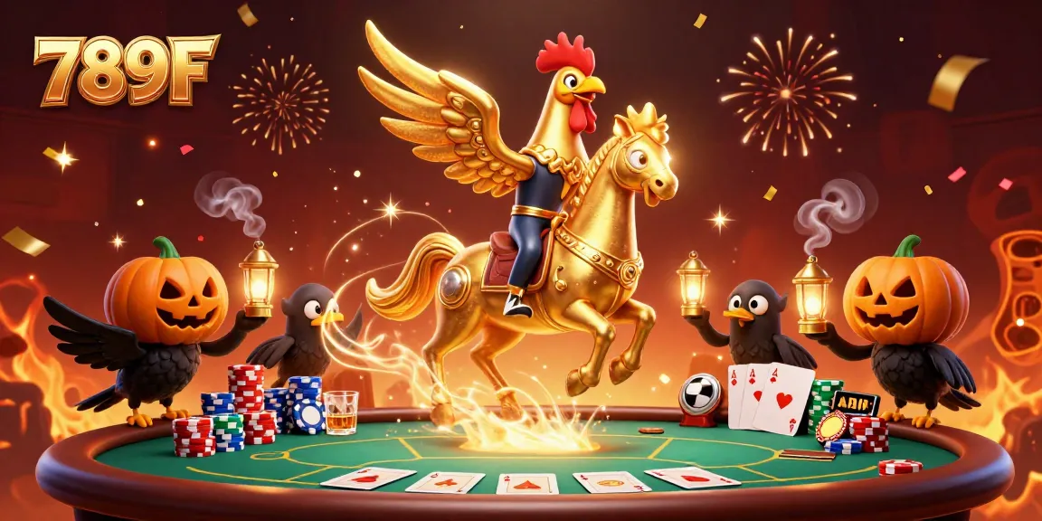 Experience exciting casino action with 789F, featuring a mystical golden rooster and poker elements.