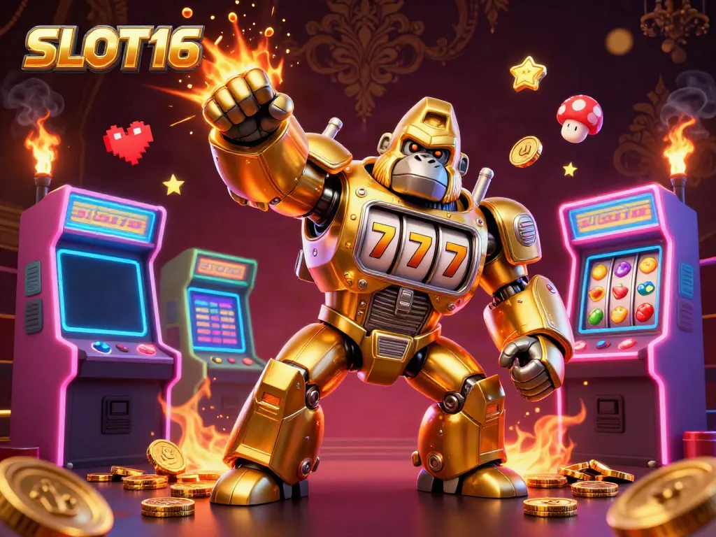 SLOT16 showcases an exciting 3D cartoon gorilla mech with spinning slot reels, evoking casino excitement through vibrant gaming visuals.