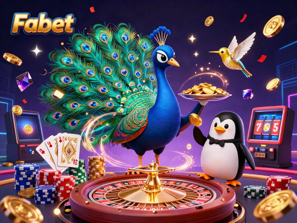 Fabet offers an exciting view of gambling, showcasing a vibrant peacock and penguin amidst golden treasures.