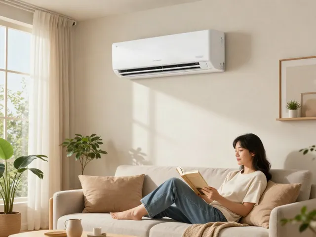Stylish mini split AC unit in a cozy living room with a woman reading.