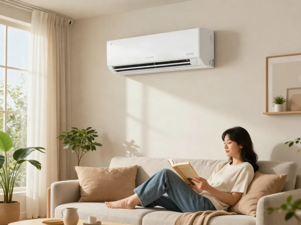 Stylish mini split AC unit in a cozy living room with a woman reading.