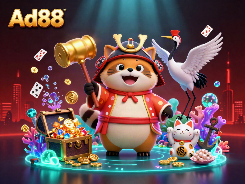 Ad88's vibrant gaming scene features a lucky tanuki, crane, and colorful maneki-neko surrounded by treasures.
