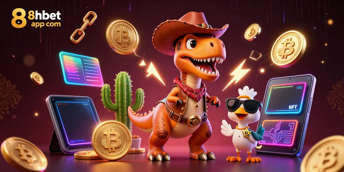 Experience the thrilling 8xbet app com with a dynamic scene of a cowboy dinosaur and crypto elements.