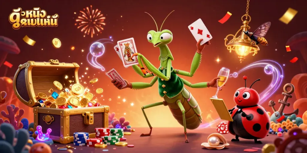 Engage in ดูหนังออนไลน์ with a cartoon giant praying mantis card sharp amidst lively casino elements.