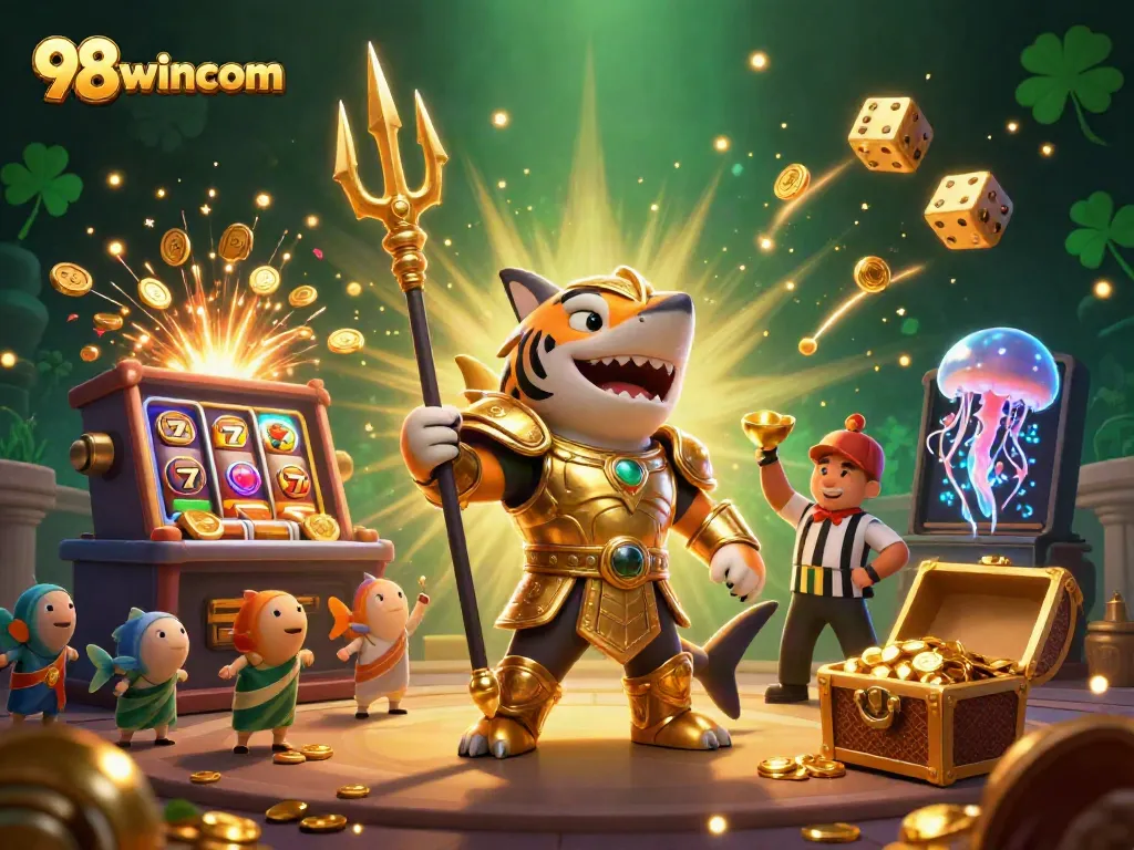 Experience thrilling gameplay at 98wincom with a vibrant underwater casino scene featuring a tiger shark and slots.