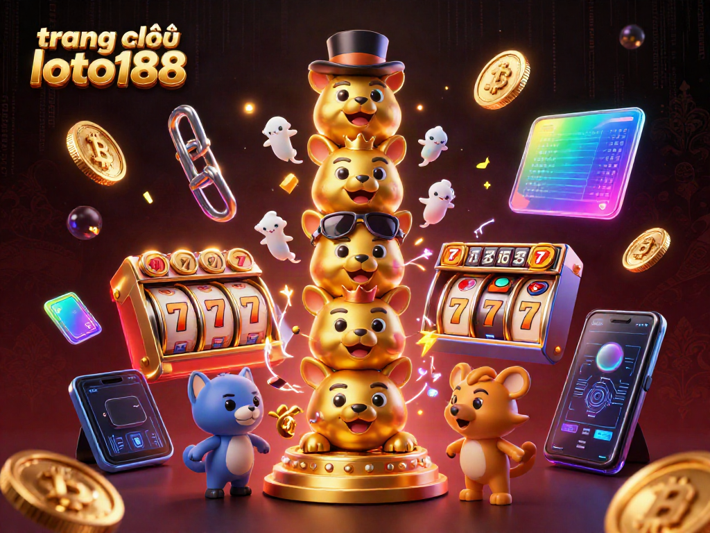 Experience the vibrant energy of trang chủ loto188 through this detailed 3D illustration featuring captivating casino elements like totem poles and crypto.