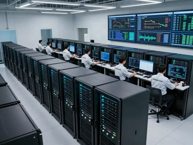 Efficient AI data center with technicians monitoring GPU systems and real-time analytics.