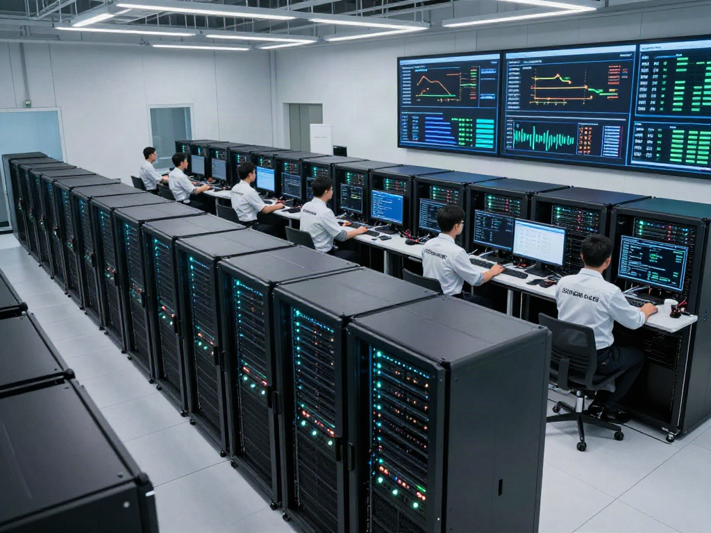Efficient AI data center with technicians monitoring GPU systems and real-time analytics.