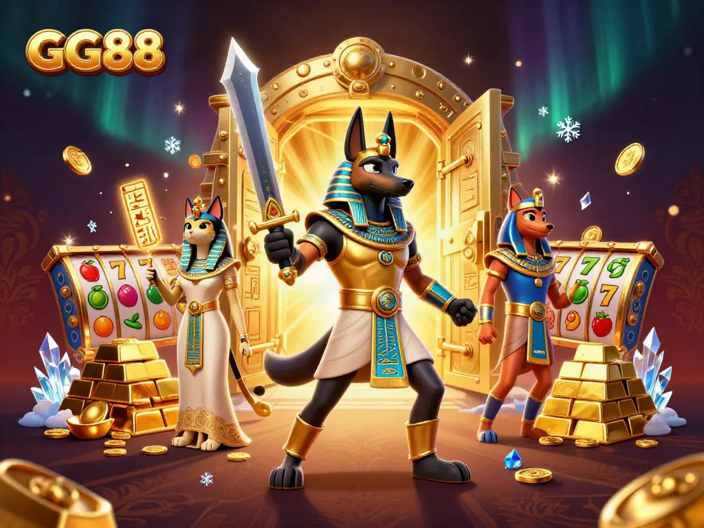 GG88 promotes thrilling casino action with Anubis, treasures, and vibrant slot game elements
