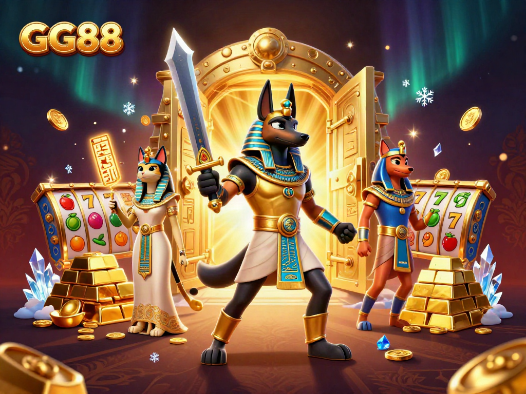 GG88 promotes thrilling casino action with Anubis, treasures, and vibrant slot game elements