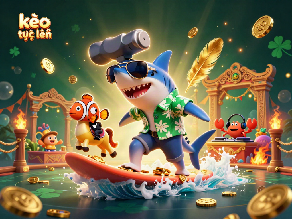 Experience kèo trực tuyến with a vibrant 3D illustration of a shark and seahorse surfing on gold coins.