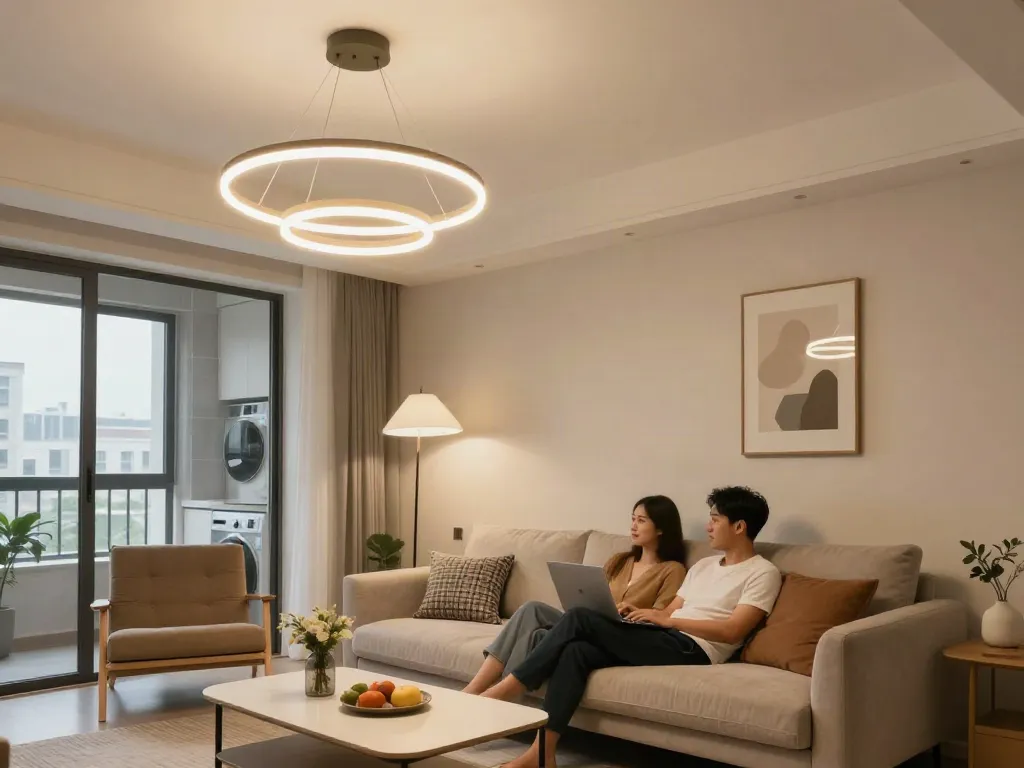 Iluminare modernă cu lustre living în interiorul unui apartament confortabil.