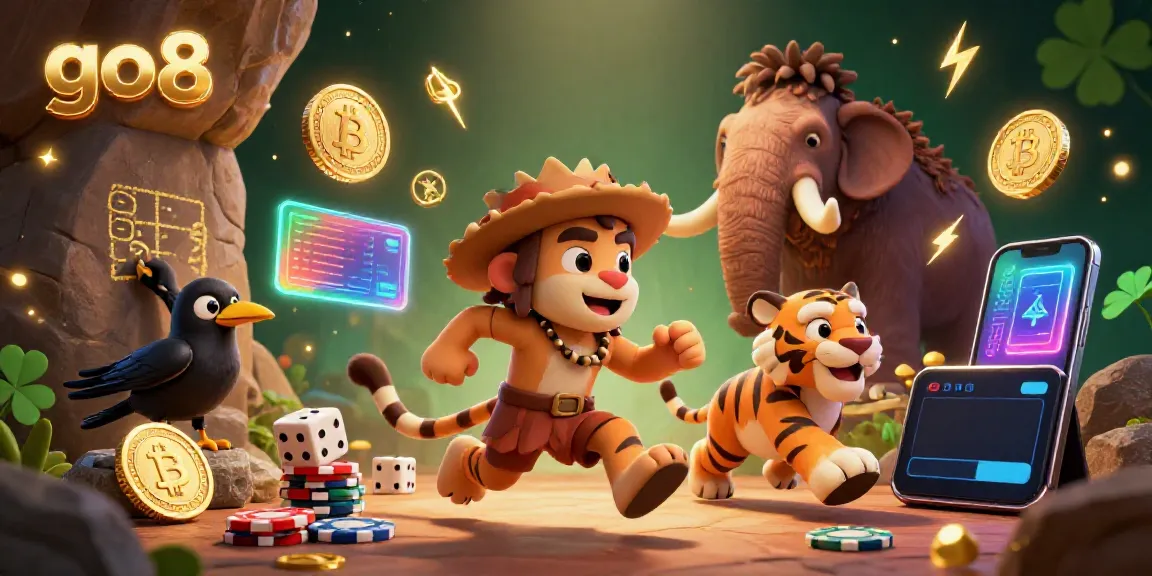 Win big at the go8 casino with a colorful cartoon caveman and sabertooth tiger duo gaming!