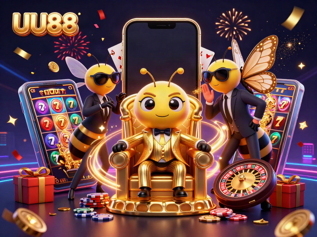 Experience the excitement of UU88 with vibrant slot games and casino elements in a dynamic scene.