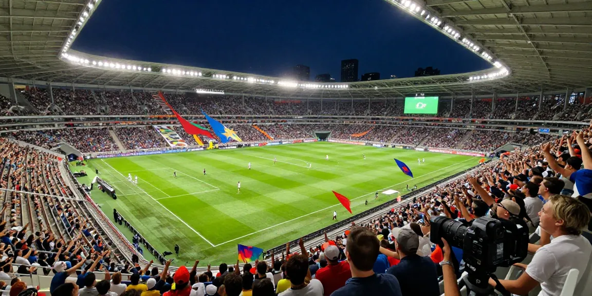 Vibrant football stadium during a glorious match showcasing passionate fans celebrating and players in action.