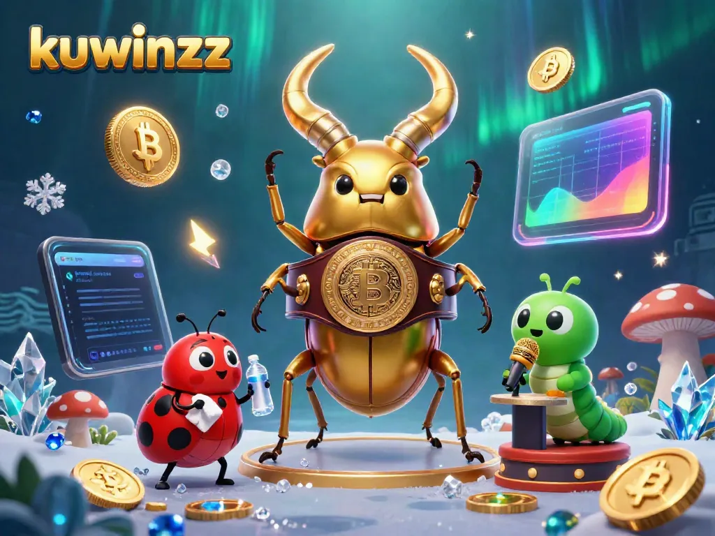 Experience exhilarating battles at kuwinzz, featuring a giant stag beetle champion and crypto symbols