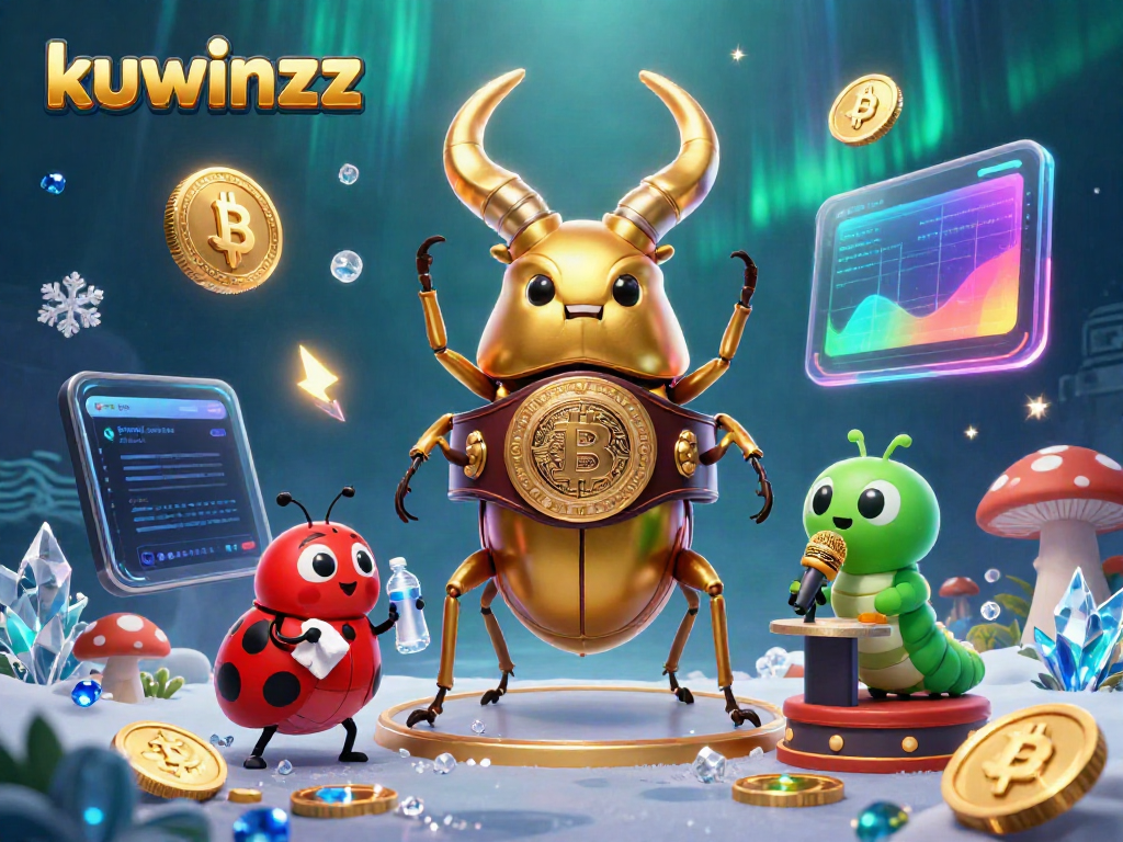 Experience exhilarating battles at kuwinzz, featuring a giant stag beetle champion and crypto symbols