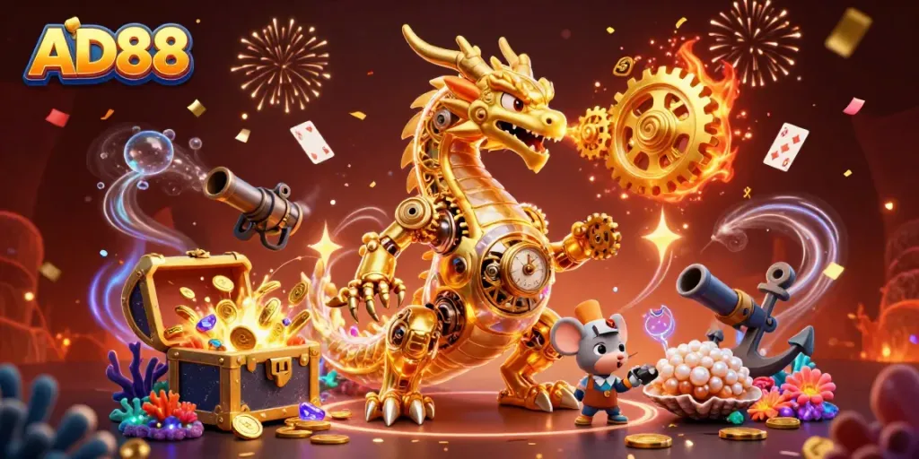 Experience the thrill of online gaming with AD88's vibrant 3D casino dragon scene.