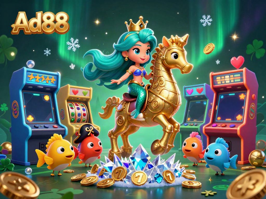 This vibrant 3D scene features Ad88's mermaid princess and seahorse in a dynamic gambling environment with slot reels and glowing game machines.