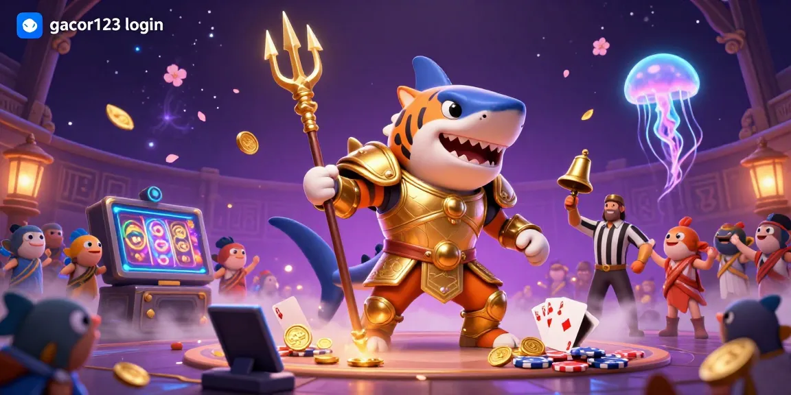 Experience gacor123 login with the tiger shark in gladiator armor, surrounded by dynamic slot game elements.