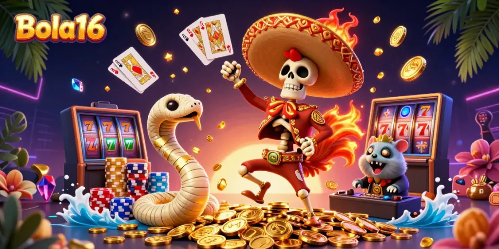 Bola16 offers exhilarating online casino experiences showcasing vibrant characters and golden coins.