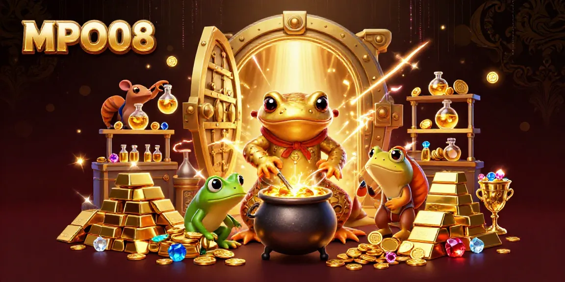 MPO08 golden alchemist scene spilling coins and treasures from a magical cauldron.