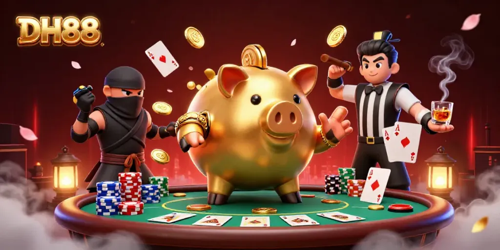 Experience thrilling wins with DH88's vibrant casino showdown featuring a giant golden piggy bank and dynamic gaming elements.