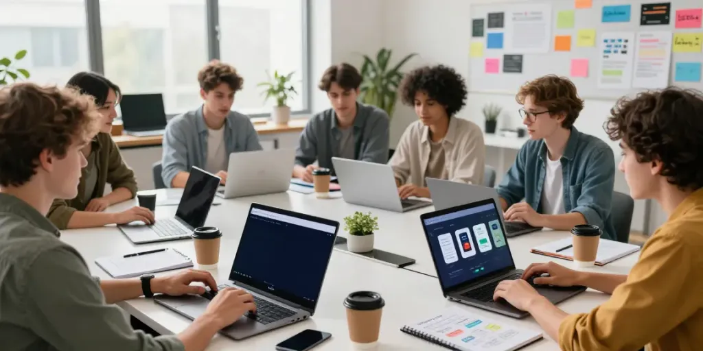 People collaborating at a dynamic workspace exploring APKTodo's app offerings.