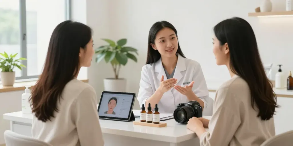 Client discussing Alternatives to QOVES with a skincare specialist.