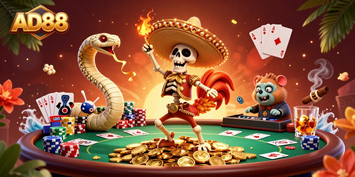 Engage in the thrilling world of AD88 with a festive scene of a mariachi rooster dancing on gold coins.